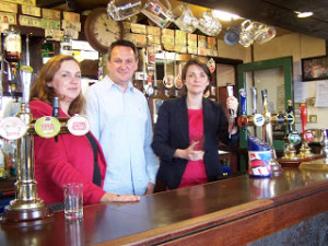 Eluned Parrott AM, Councillor Nigel Howells and Kirsty Williams AM in the Vulcan Hotel 